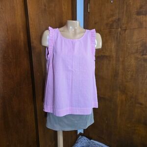 Vineyard Vines Womens Top Pink Size 10 Seersucker  Ruffle Sleeve Striped Cotton